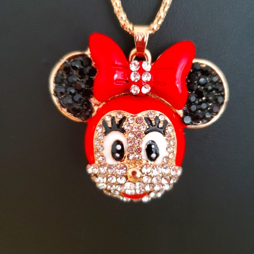 Minnie Mouse-style red rhinestone pendant sweater chain necklace